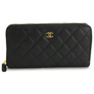 シャネルCHANEL 財布 ラウンドファスナー レザー キャビアスキン キルティング マトラッセ ブラック×ボルドー A50097