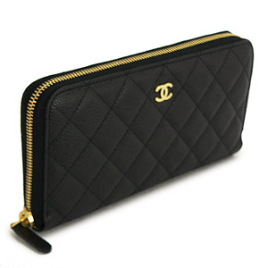 シャネルCHANEL 財布 ラウンドファスナー レザー キャビアスキン キルティング マトラッセ ブラック×ボルドー A50097