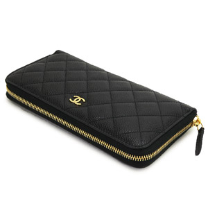 シャネルCHANEL 財布 ラウンドファスナー レザー キャビアスキン キルティング マトラッセ ブラック×ボルドー A50097