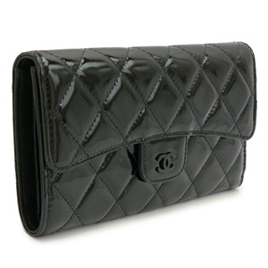 シャネル 長財布 CHANEL 財布 三つ折り ココマーク パテント キルティングレザー/マトラッセ ブラック A31506