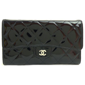 シャネルCHANEL 長財布 三つ折り ココマーク パテント キルティングレザー/マトラッセ ブラック A31506