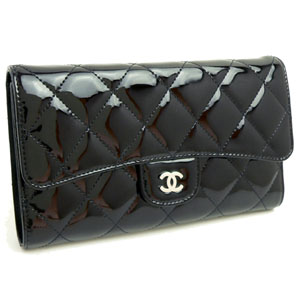 シャネルCHANEL 長財布 三つ折り ココマーク パテント キルティングレザー/マトラッセ ブラック A31506