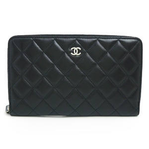 シャネル CHANEL 長財布 ラウンドファスナー キャビアスキン ココマーク キルティング マトラッセ ブラック×ボルドー A48982