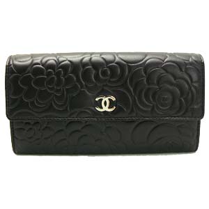 シャネル 長財布 CHANEL シャネル 財布 二つ折り カメリア 型押し レザー ココマーク ブラック×シルバー A50084