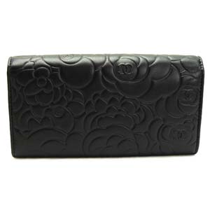 シャネル 長財布 CHANEL シャネル 財布 二つ折り カメリア 型押し レザー ココマーク ブラック×シルバー A50084