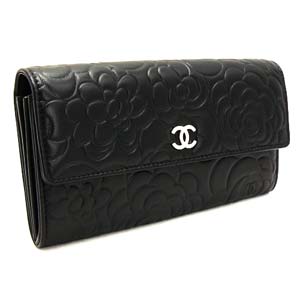 シャネル 長財布 CHANEL シャネル 財布 二つ折り カメリア 型押し レザー ココマーク ブラック×シルバー A50084