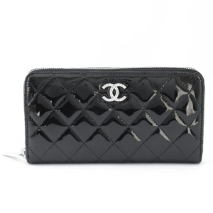 シャネル長財布 CHANEL ラウンドファスナー パテントレザー ブリリアント キルティング ブラック A50106