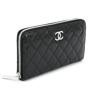 シャネル長財布 CHANEL ラウンドファスナー パテントレザー ブリリアント キルティング ブラック A50106