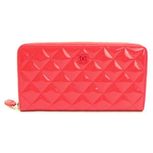 シャネル財布CHANEL ラウンドファスナー パテントレザー ココマーク キルティング マトラッセ コーラルピンク A50097
