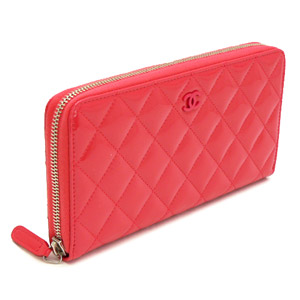 シャネル財布CHANEL ラウンドファスナー パテントレザー ココマーク キルティング マトラッセ コーラルピンク A50097
