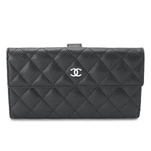 シャネル財布 CHANEL Wホック マトラッセ キルティング キャビア レザー ブラック A48983