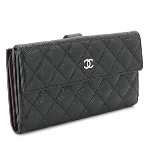 シャネル財布 CHANEL Wホック マトラッセ キルティング キャビア レザー ブラック A48983