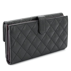 シャネル財布 CHANEL Wホック マトラッセ キルティング キャビア レザー ブラック A48983