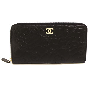 シャネルCHANEL 長財布 ラウンドファスナーカメリア型押し レザー ココマーク入り ブラック×ゴールド A50085