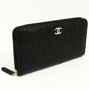 シャネルCHANEL 長財布 ラウンドファスナーカメリア型押し レザー ココマーク入り ブラック×ゴールド A50085