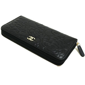 シャネルCHANEL 長財布 ラウンドファスナーカメリア型押し レザー ココマーク入り ブラック×ゴールド A50085