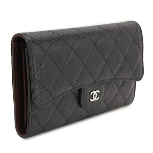 シャネル財布CHANEL 三つ折り ココマーク キルティング キャビアスキン レザー/マトラッセ ブラック×ボルドー A31506