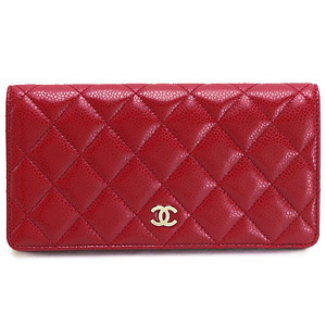 シャネル財布 CHANEL 二つ折り ココマーク キルティング マトラッセ キャビアスキン ルージュレッド A31509