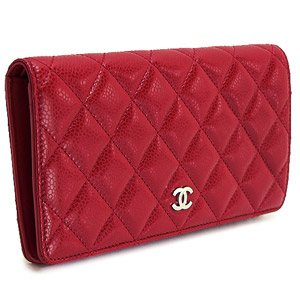 シャネル財布 CHANEL 二つ折り ココマーク キルティング マトラッセ キャビアスキン ルージュレッド A31509