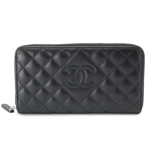 シャネル財布 CHANEL ラウンドファスナー キルティング/マトラッセ レザー ココマーク ブラック A80110