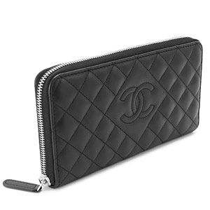 シャネル財布 CHANEL ラウンドファスナー キルティング/マトラッセ レザー ココマーク ブラック A80110