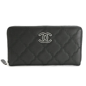 CHANELシャネル 財布 ラウンドファスナー キルティング レザー ココマーク ブラック A69099