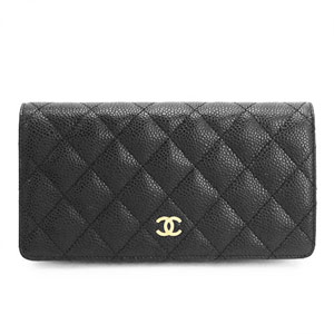 シャネル財布 CHANEL シャネル 長財布 二つ折り ココマーク キルティング キャビアスキン ブラック×ボルドー/GD A31509 