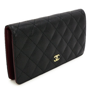 シャネル財布 CHANEL シャネル 長財布 二つ折り ココマーク キルティング キャビアスキン ブラック×ボルドー/GD A31509 