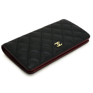 シャネル財布 CHANEL シャネル 長財布 二つ折り ココマーク キルティング キャビアスキン ブラック×ボルドー/GD A31509 