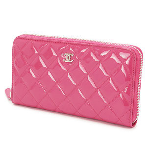 シャネル財布 CHANEL ラウンドファスナー パテントレザー ココマーク キルティング マトラッセ ピンク×SV A50097 Y06830 0A419