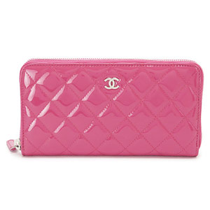 シャネル財布 CHANEL ラウンドファスナー パテントレザー ココマーク キルティング マトラッセ ピンク×SV A50097 Y06830 0A419