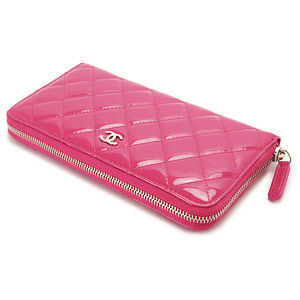 シャネル財布 CHANEL ラウンドファスナー パテントレザー ココマーク キルティング マトラッセ ピンク×SV A50097 Y06830 0A419