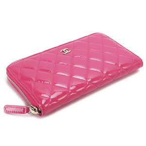 シャネル財布 CHANEL ラウンドファスナー パテントレザー ココマーク キルティング マトラッセ ピンク×SV A50097 Y06830 0A419