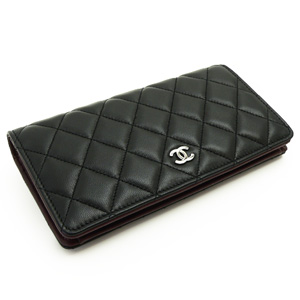シャネルCHANEL 長財布 二つ折り ココマーク キルティング マトラッセ ボルドー ラムスキン ブラック×ボルドー/SV A31509 Y01480