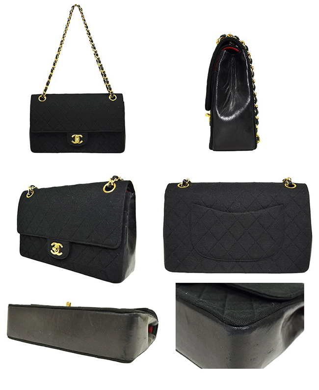 CHANEL/シャネル コットンジャージ マトラッセ 　WフラップWチェーン ショルダーバッグ ブラック×ゴールド金具　A01112