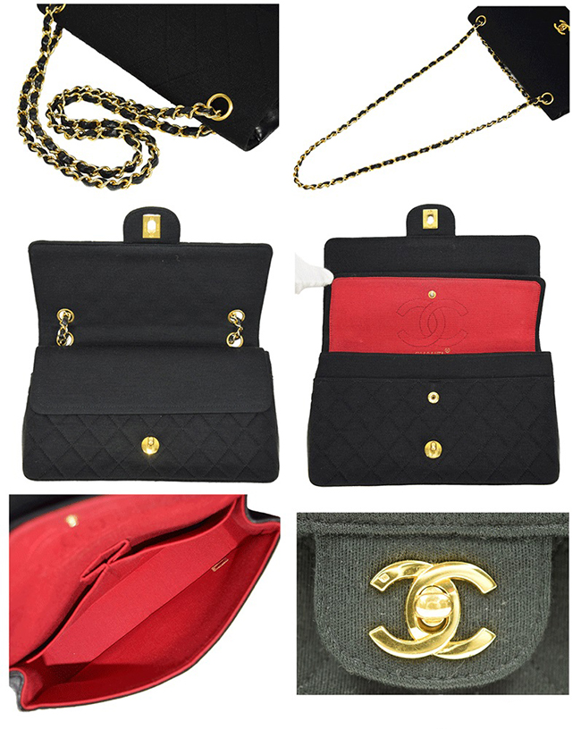 CHANEL/シャネル コットンジャージ マトラッセ 　WフラップWチェーン ショルダーバッグ ブラック×ゴールド金具　A01112