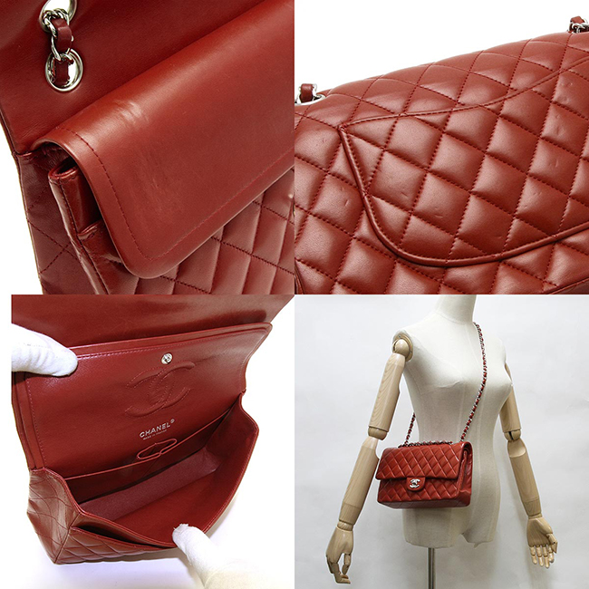 シャネル (CC)ココマーク マトラッセ Wフラップ Wチェーンショルダーバッグ ラムスキン レッド(赤)×シルバー金具 A01112