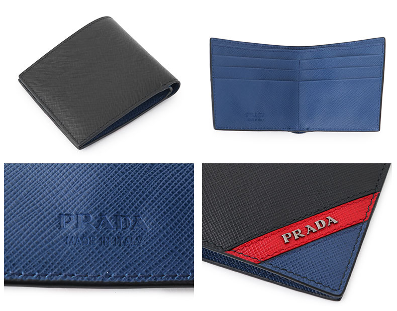 PRADA プラダ 2MO912 2EGO F0UDN SAFFIANO レザー 二つ折り財布 小銭入れなし ロゴメタルプレート バイカラー カラーNERO+FUOCO+BLUE/ブラック×ブルー他 46440メンズ