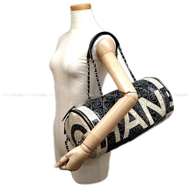 CHANEL シャネル カメリア&ココマーク ロゴ ボーリング チェーンバッグ 黒Xベージュ プリントキャンバスXカーフスキン A57428