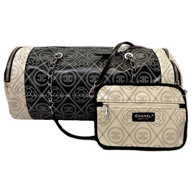 CHANEL シャネル カメリア&ココマーク ロゴ ボーリング チェーンバッグ 黒Xベージュ プリントキャンバスXカーフスキン A57428