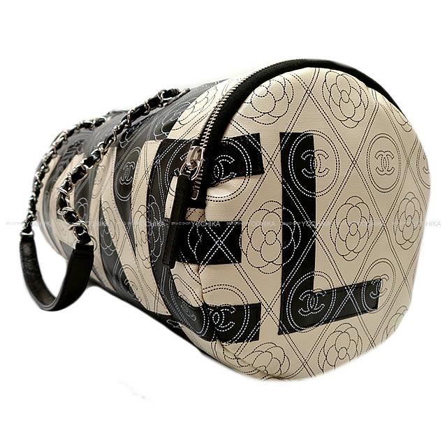 CHANEL シャネル カメリア&ココマーク ロゴ ボーリング チェーンバッグ 黒Xベージュ プリントキャンバスXカーフスキン A57428