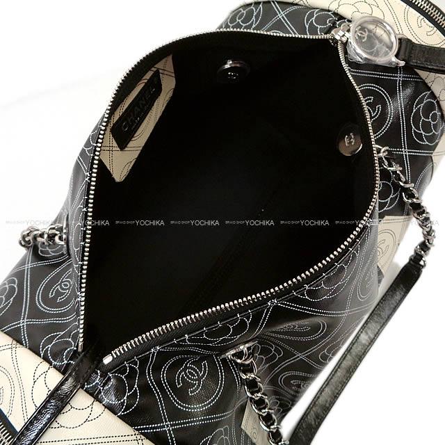 CHANEL シャネル カメリア&ココマーク ロゴ ボーリング チェーンバッグ 黒Xベージュ プリントキャンバスXカーフスキン A57428