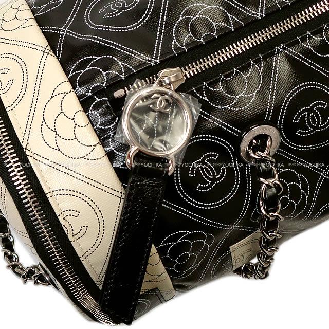 CHANEL シャネル カメリア&ココマーク ロゴ ボーリング チェーンバッグ 黒Xベージュ プリントキャンバスXカーフスキン A57428