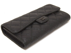 シャネル キャビアスキン フラップ 長財布/黒×ブラックメタル a80758