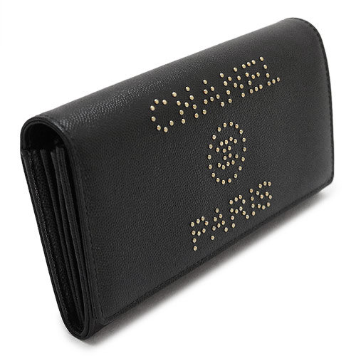 シャネル長財布 レディース CHANEL A80053 Y84046 94305 財布 二つ折り フラップ ドーヴィル スタッズ キャビアスキン レザー ブラック 黒