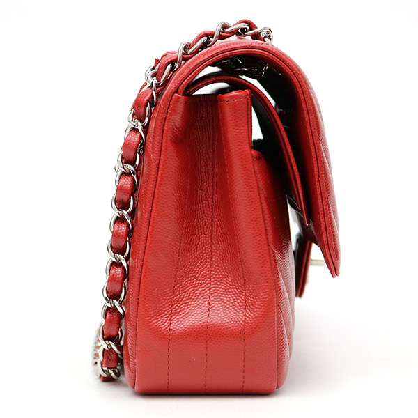 シャネル 【CHANEL】 シェブロン キャビアスキン フラップバッグ レッド シルバー金具 ミディアム Wチェーンショルダーバッグ ココマーク クラシック マトラッセ キルティング Vステッチ ニ重蓋 A01112