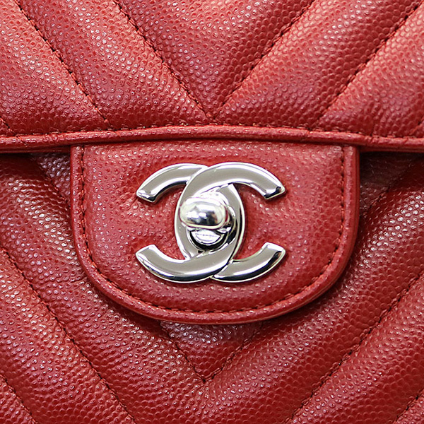 シャネル 【CHANEL】 シェブロン キャビアスキン フラップバッグ レッド シルバー金具 ミディアム Wチェーンショルダーバッグ ココマーク クラシック マトラッセ キルティング Vステッチ ニ重蓋 A01112