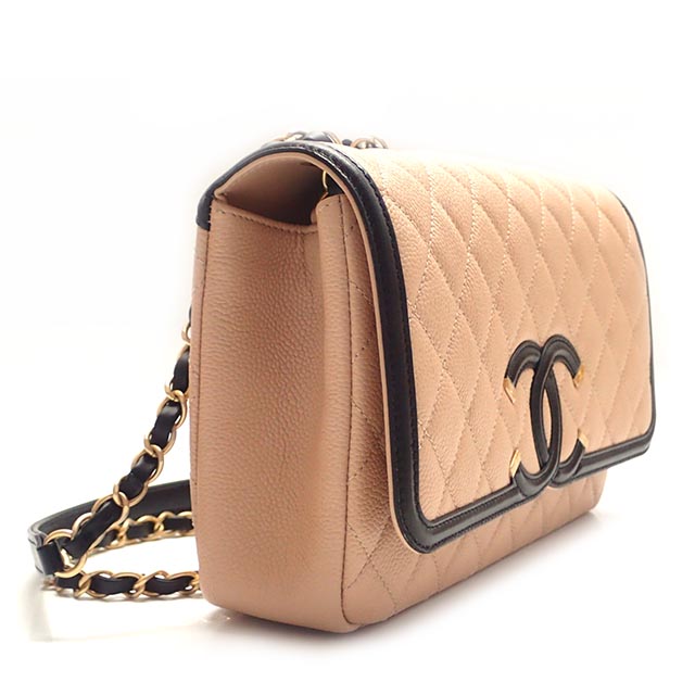 CHANEL シャネル ココマークマトラッセ チェーンショルダーバッグ A93340 キャビアスキン ベージュ×ブラック