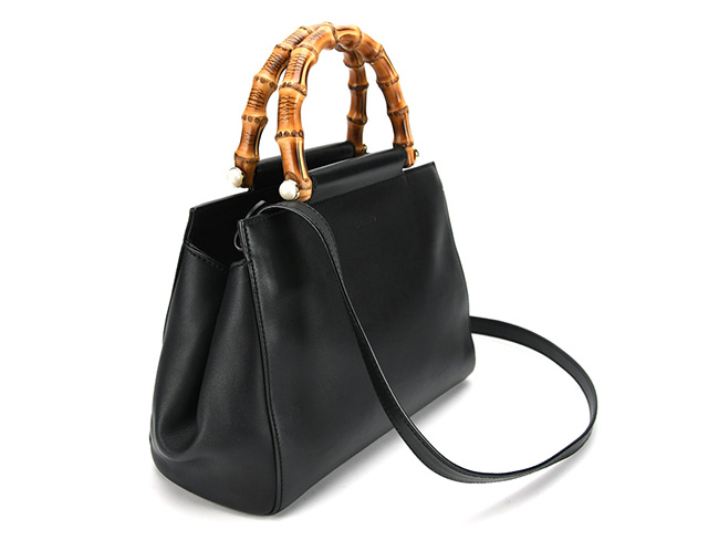 GUCCI(グッチ) トートバッグ美品■ ニムフェア スモール レザー トートバッグ 453767 黒×ブラウン レザー×ウッド