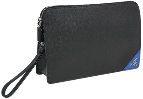 プラダバッグ 2VF056 PRADA メンズ セカンドバッグ クラッチ ストラップ付き SAFFIANO TRAVEL NERO+AZZURRO カーフ ブラック